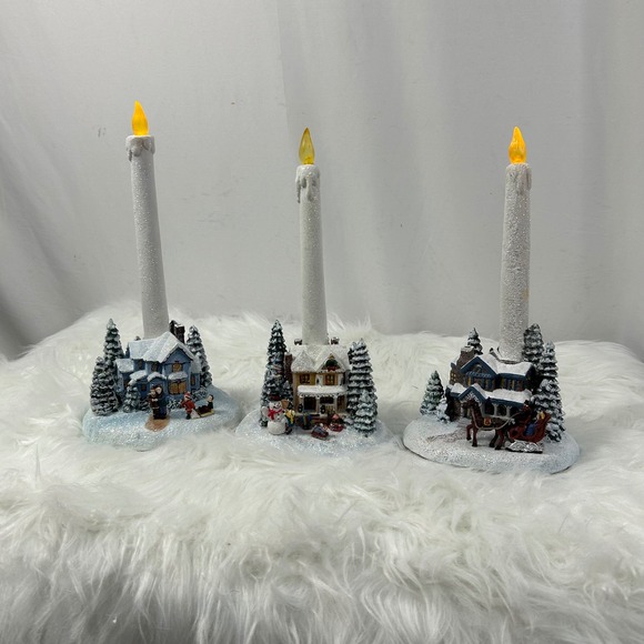 Thomas Kincaidee Christmas Village Taper Candle Holders Set 3 Holiday Decor - Picture 1 of 9